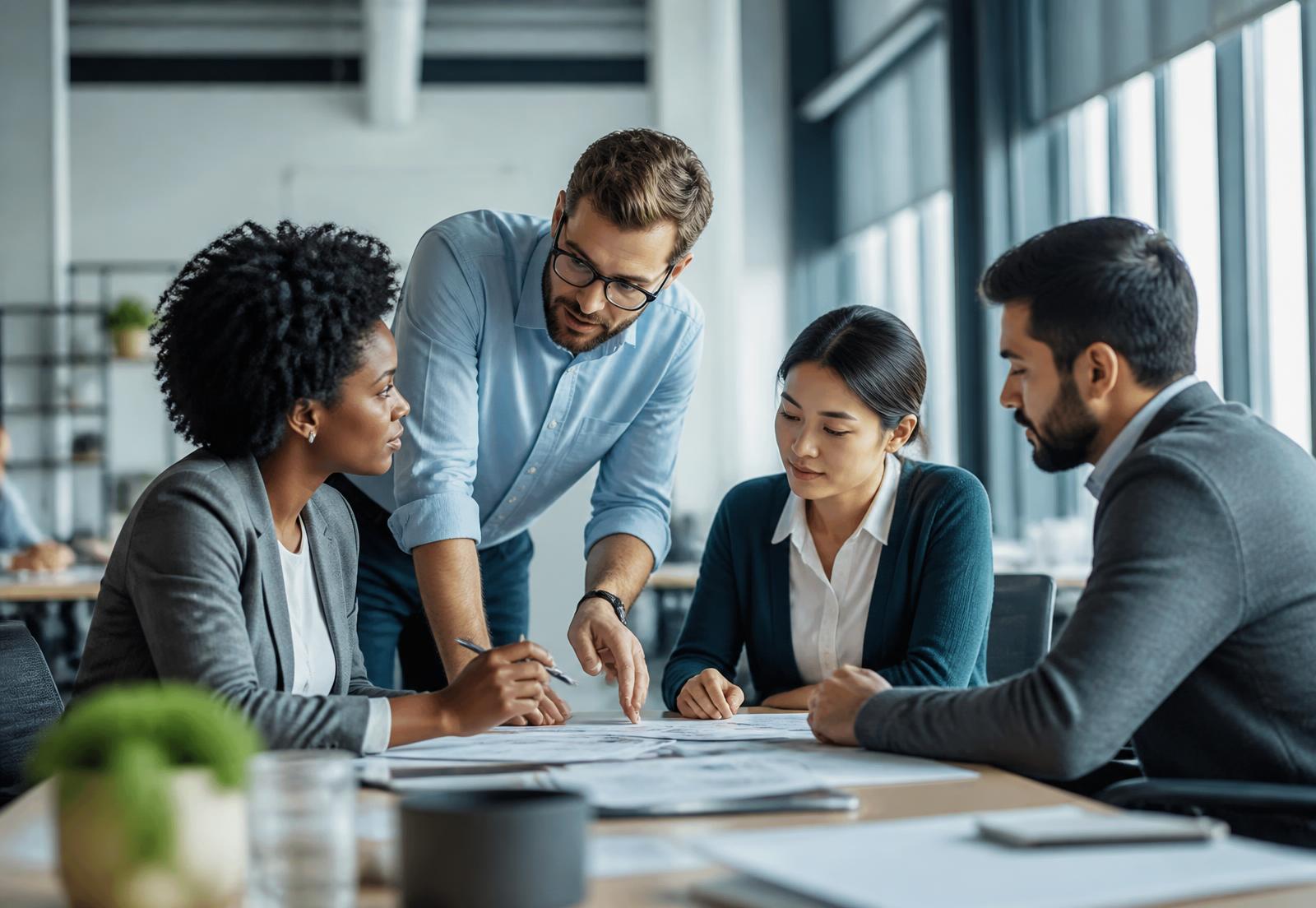 Diverse team of professionals collaborating around a table in a bright modern office
